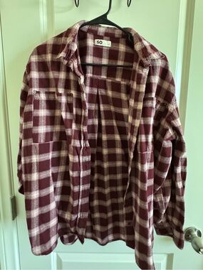 SO Burgundy and Cream Plaid Flannel Shirt